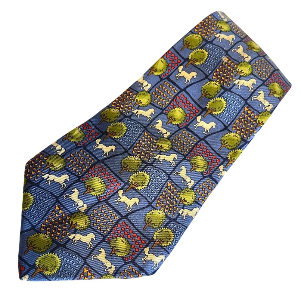 VTG SALVATORE FERRAGAMO 3.5" Blue Horse Farm Pasture‎ Tree SILK DRESS TIE LUXURY